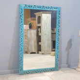 Indian Handcrafted Floral Carved Solid Wood Mirror Frame 93X142 CM Blue
